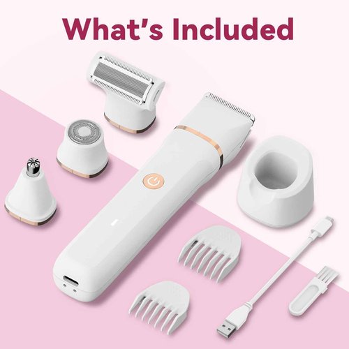 Electric Bikini Trimmer for Women - 4 in 1 Electric Razors for Women, Waterproof Pubic Hair Trimmers and Facial Hair Remover, Replaceable Shaver & Nose Hair Trimmer, Rechargeable Women's Grooming Kit
