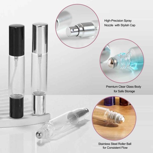 YOCASII 4PCS Dual-Head Travel Perfume Bottle with Spray & Roller Balls for Essential Oils, 10ml Glass Perfume Travel Refillable Bottles and Roll on Bottles for Facial Care with Funnel Tool