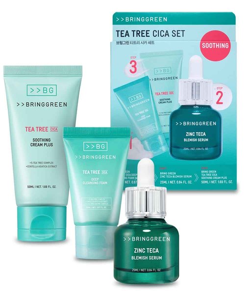 BRING GREEN TEA TREE CICA SET | Korean Skin Care Kit for Acne-Prone, Sensitive Skin | Zinc Teca Serum, Tea Tree Hydrating Moisturizer & Deep Cleansing Foam | Oil Control & Pore Care | K-Beauty Gift
