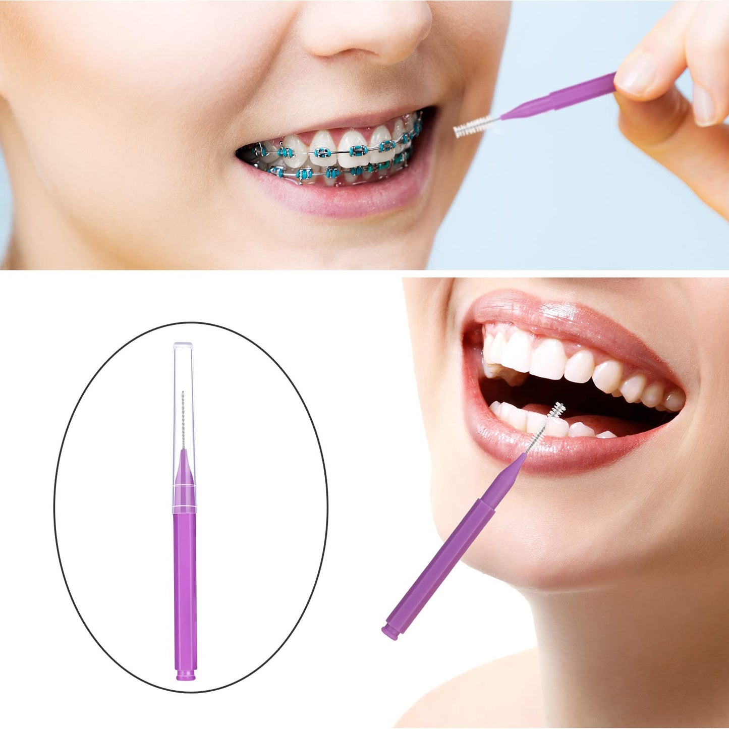 50 Pieces Braces Brush for Cleaner Interdental Brush Toothpick Dental Tooth Flossing Head Oral Dental Hygiene Flosser Toothpick Cleaners Tooth Cleaning Tool (Purple)