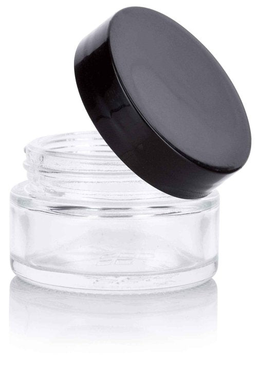 Clear Glass 0.50 oz / 15 ml Low Profile Thick Wall Balm Jars with Black Smooth Foam Lined Lids (12 PACK)