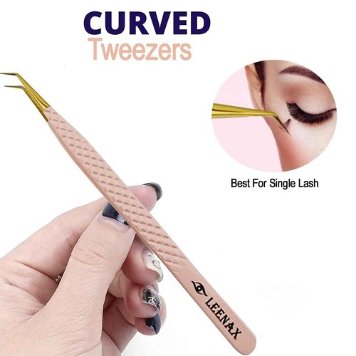 Eyelash Extension Tweezers Micro Fiber Tip (Anti – Slip) Set of 2 pieces straight & curved with Diamond Grip, Rainbow Colour,14cm, volume Tweezers, Lash Extension Precision tweezers. (Peach)