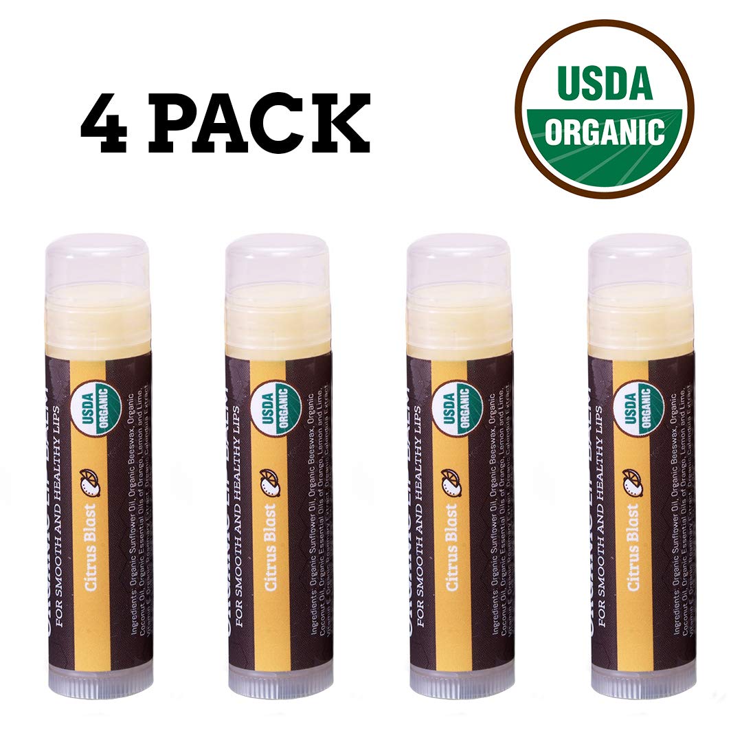 USDA Organic Lip Balm 4-Pack by Earth's Daughter - Citrus Flavor, Beeswax, Coconut Oil, Vitamin E - Best Lip Repair Chapstick for Dry Cracked Lips.