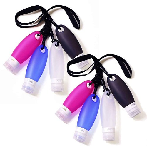 Fullplus Portable Silicone Squeezable Bottles Refillable Cosmetic Gym Containers Travel TSA Approved Tube Set with Shower Lanyard for Shampoo Lotion