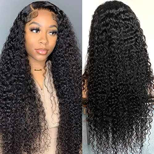 Deep Wave Lace Front Wigs Human Hair 13x4 HD Transparent Lace Frontal Curly Wigs for Women 180% Density Glueless Wigs Human Hair Pre Plucked with Baby Hair Natural Color (26 Inch)