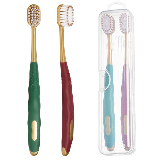 Dual Bristle Soft Toothbrush for Adults - Gentle Care Dual-Thickness Soft Bristle Adult Toothbrush with Travel Case, Ideal for Sensitive Gums and On-the-Go Oral Care, Pack of 2 (Green and Red)