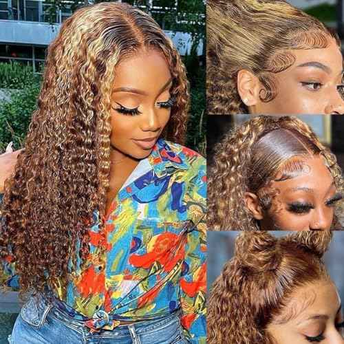 Honey Blonde Highlight Ombre Lace Front Wig Human Hair 200 Density 13x6 Water Wave Lace Front Wigs Human Hair Pre Plucked Wet And Wavy Curly Lace Frontal Wig for Women 4/27 Colored 24 Inch