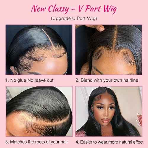 V Part Wigs Straight Brazilian Virgin Human Hair Wigs for Black Women Upgrade U Part Wigs Glueless Full Head Clip In Half Wig V Shape Wig No Leave Out 180% Density Natural Color 18"