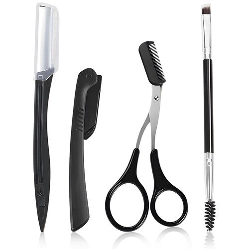 Kootinn Eyebrow Kit Grooming Scissors Razor Kit 4 In 1 Stainless Steel Set Kit for Women and Men, Including Brow Razors Trimmer, Brush, Eyebrow Scissors, Foldable Brow Razors