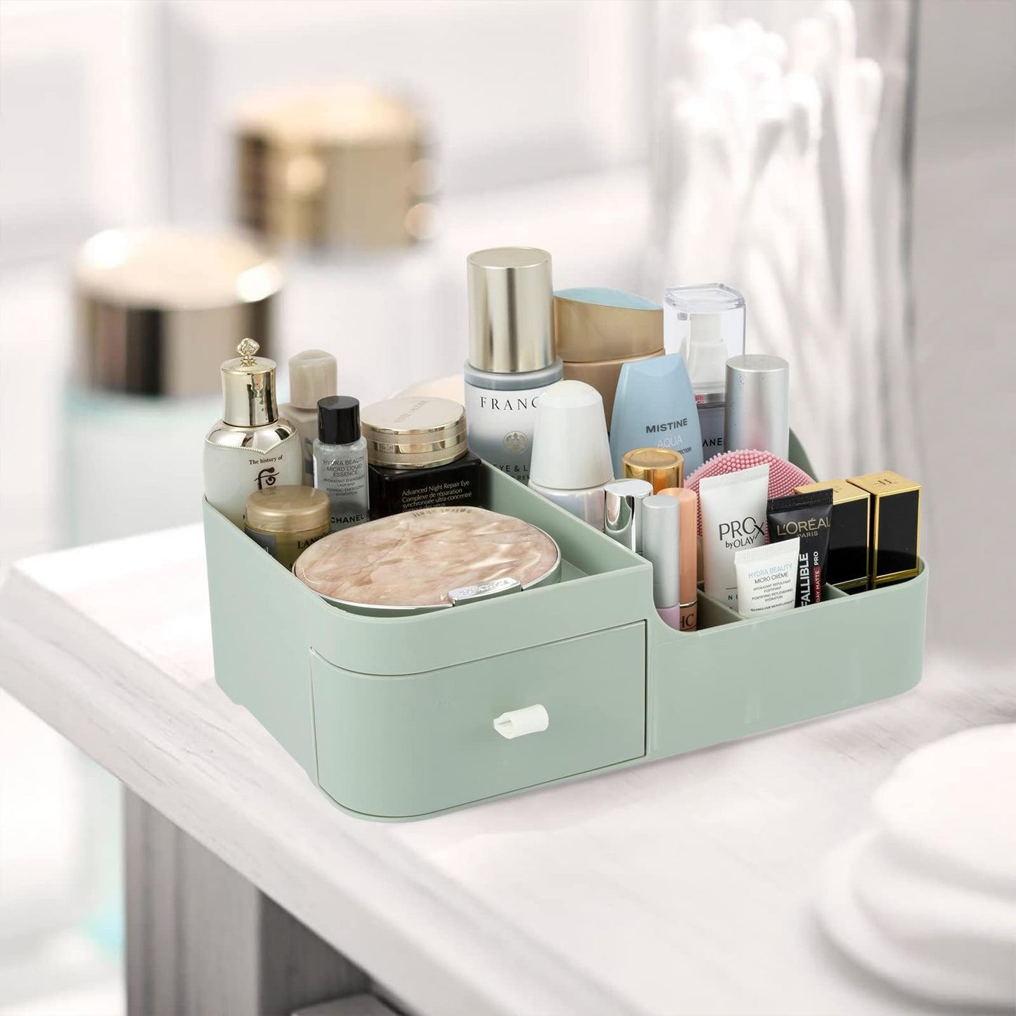 Abiudeng Makeup Desk Organizer with Drawers,Small Bathroom Organizer Countertop for Cosmetics,Skincare,Vanity Holder for Lipstick, Brushes, Lotions, Eyeshadow, Nail Polish and Jewelry(green)