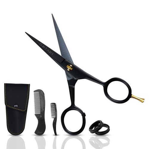Ontaki Professional Beard Scissors for Men - 5 in Hand-Forged Black 410C German Steel - Includes 2 Combs & PU Pouch - Beard & Mustache Grooming Kit
