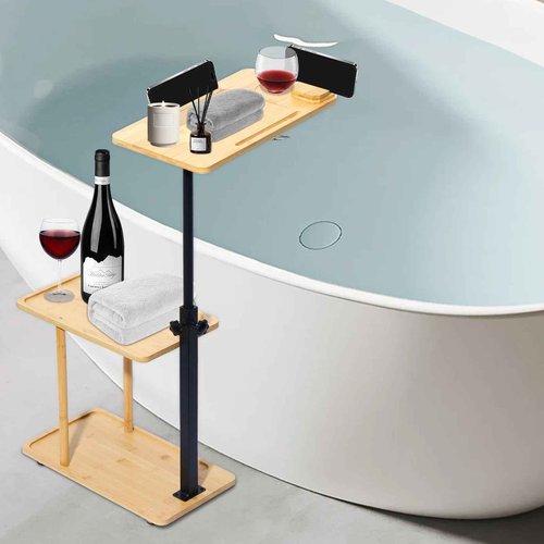 3 Layer Bath Tub Tray Table, Liftable Freestanding Bamboo Bath Tray Caddy for Tub Against Wall, Bath Table Tray Tub Shelf Bathroom Organizer Shelf for Luxury Spa and House Warming New Home