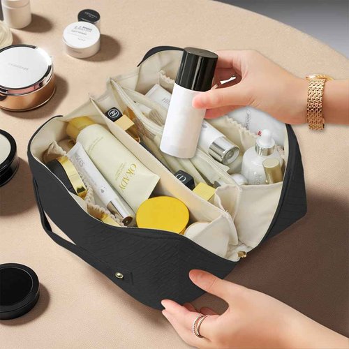 NGIL Travel Toiletry Bag, Makeup Bag, Cosmetic Bag, Portable Travel Makeup Bag, Large Capacity Cosmetic Organizer for Women, FREE COMPACT MIRROR INCLUDED (Black, Large)