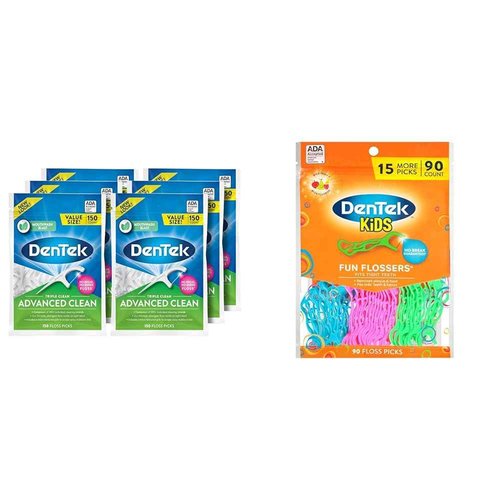 DenTek Triple Clean Advanced Clean Floss Picks, No Break & No Shred Floss, 150 Count, 6 Pack & Kids Fun Flossers, Wild Fruit, 90 Count