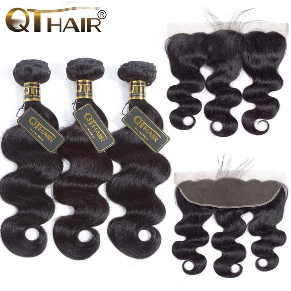 QTHAIR 14A Grade Brazilian Body Wave Human Hair Bundles with 13x4 Frontal (20 20 22+18)100% Unprocessed Brazilian Body Wave Virgin Human Hair with 13x4 Ear to Ear Lace Frontal Pre Plucked