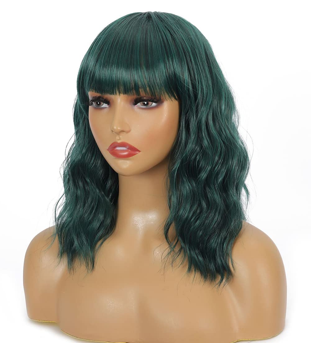 Sharebeauty Synthetic Bob Wig for Women Natural Wavy Curly Full Wig with Bangs Deep Green