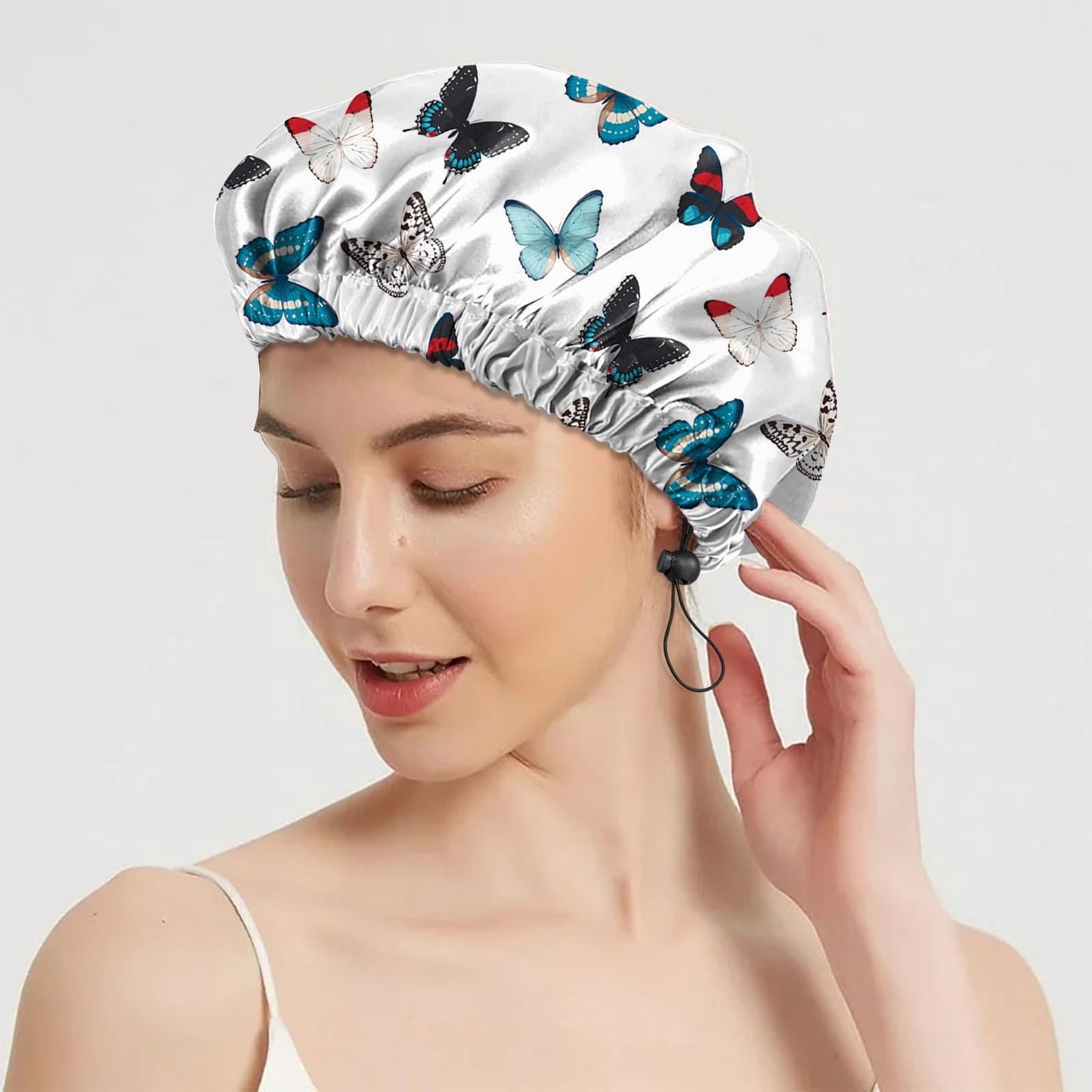 BHAHB 2 PCS Shower Cap Reusable Waterproof Double Layer Elastic Adjustable Hair Bath Caps Cute Aesthetic for Women Girls-Butterfly