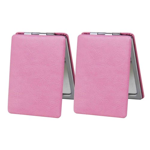 PDOZV Small Compact Mirror for Purse, 2 Pcs Rectangle 2.4”×3.3” PU Style Double Sided 1X/3X Light Pink Pocket Mirror for Women (Light Pink)