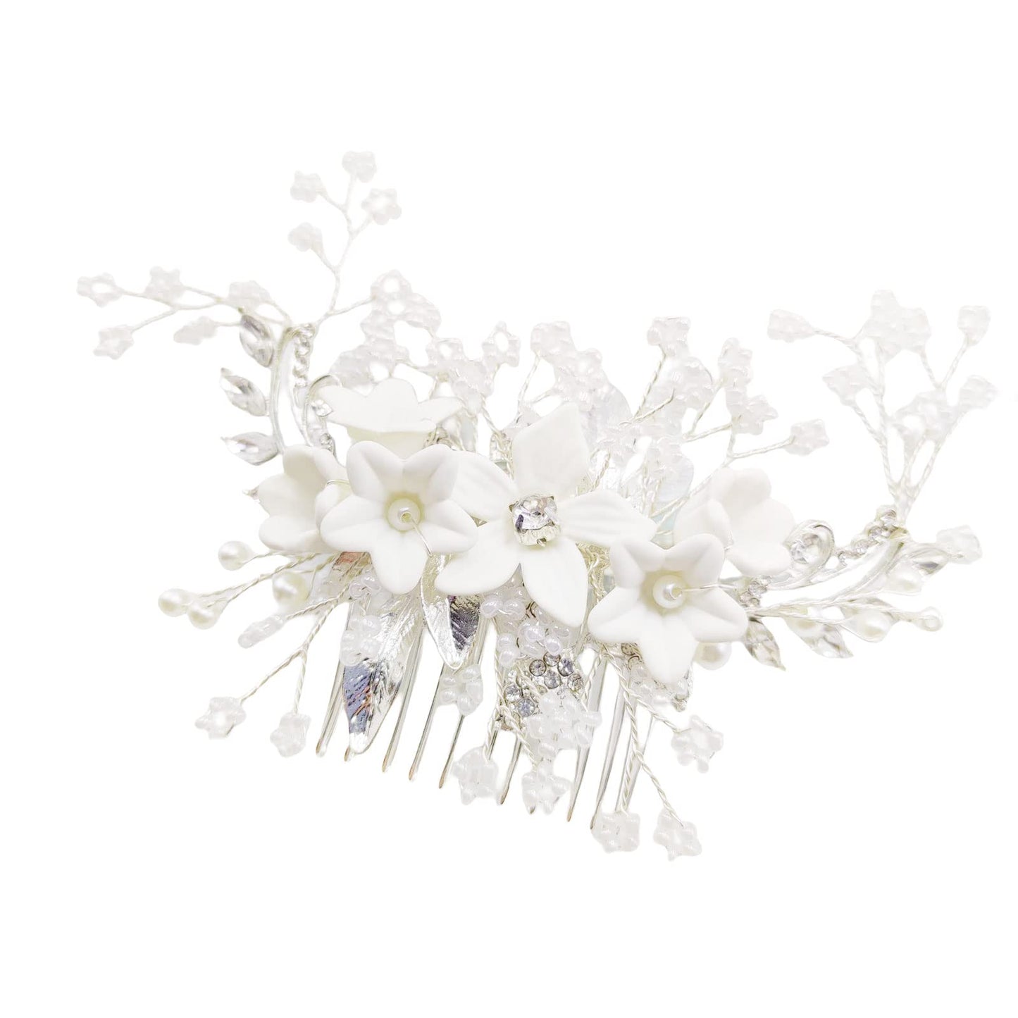 QUEOUNR Pearl Wedding Hair Comb, Bridal Hair Combs Decorative White Hair Accessories with Flower Rhinestone Hair Pins Clips for Women Girls,H07