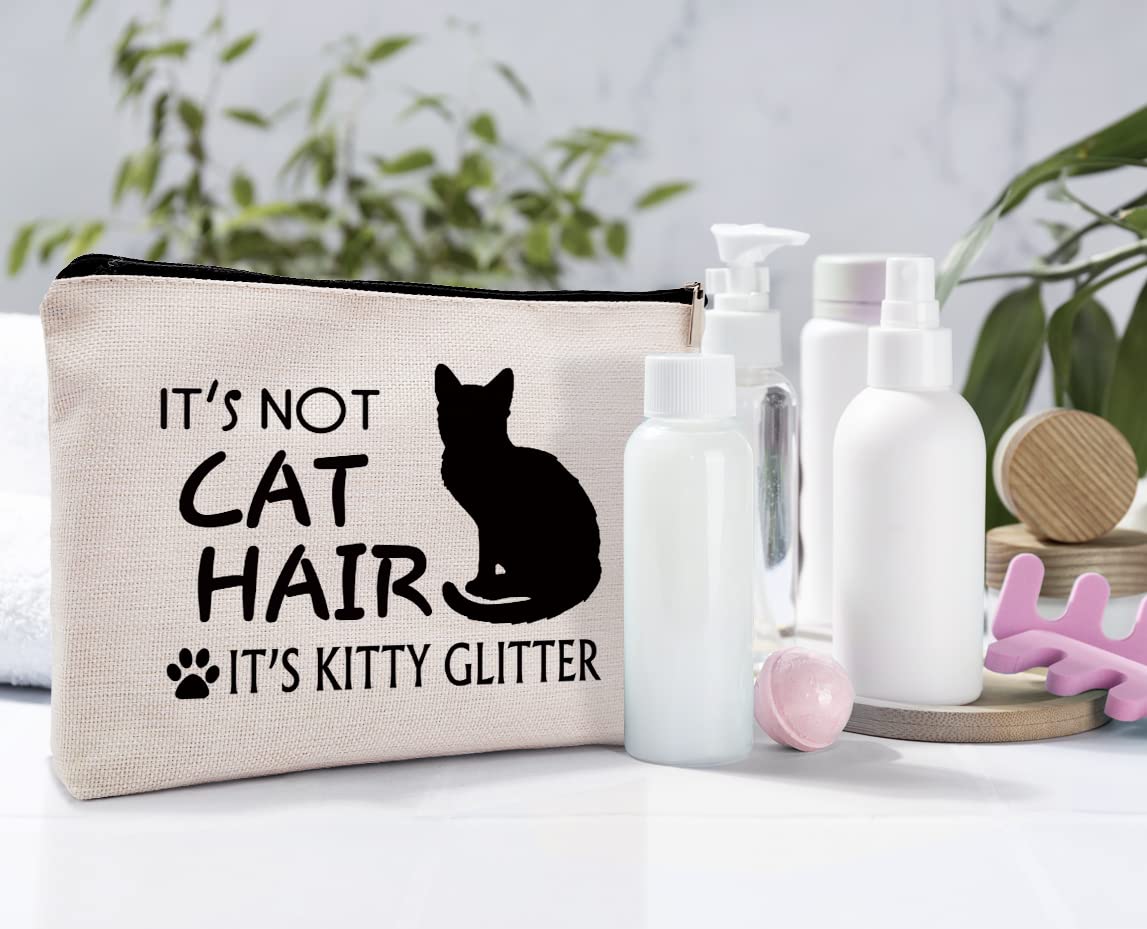 Dwept It's Not Cat Hair It's Kitty Glitter Makeup Cosmetic Bag, Funny Cat Kitty Linen Makeup Travel Toiletry Bag, Cat Lovers Cosmetic Bag Gifts For Cat Moms Cat Owners Women Girls