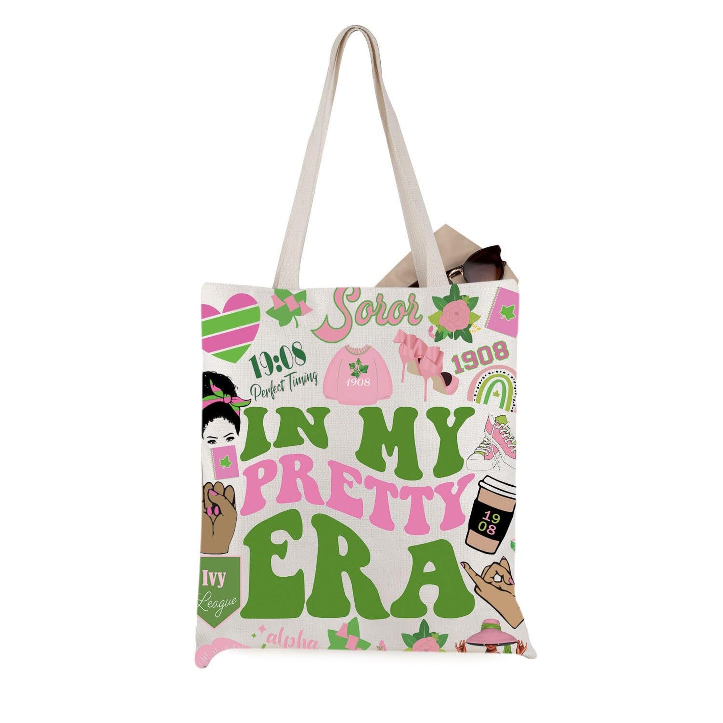 WCGXKO Sorority Gift In My Pretty Era Pink and Green Paraphernalia 1908 Sorority Canvas Tote Bag (Pretty Era)