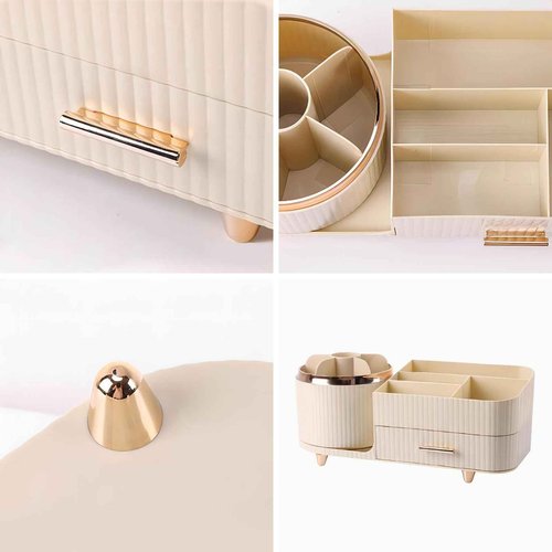 DASITON 360° Rotating Makeup Organizer with Drawers-Large Capacity Cosmetic Display Case for Skincare,Brushes,Eyeshadow&Lipstick(Cream)