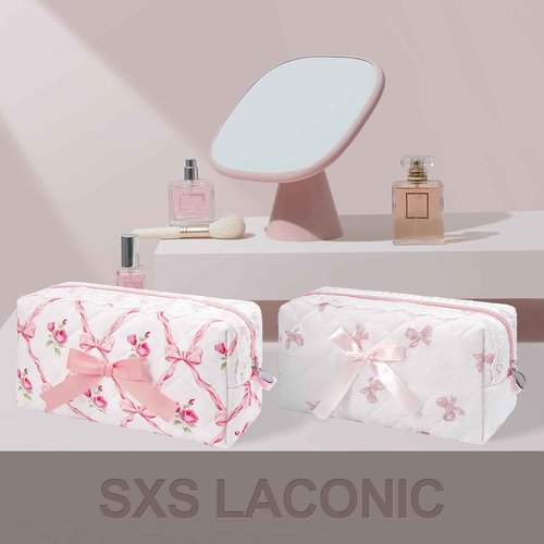 SXS LACONIC Quilted Makeup Bag,Travel Coquette Cosmetic Brush Pouch,Cute Bow Floral Make up Organizer Handbag,Large Capacity Toiletry Bag