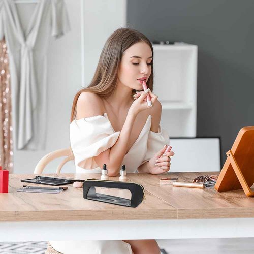 1 PACK Clear Makeup Bag, Leather Makeup Brush Bag, Double Sided Clear Toiletry Bag for Women, Portable Brush Bag Transparent Travel Cosmetic Bag, Makeup Case with Zipper