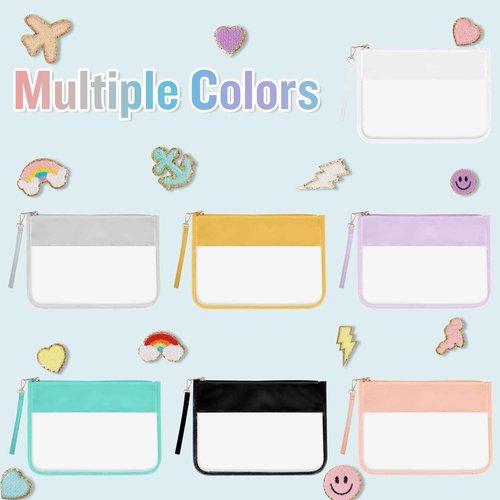 Izuzta Clear PVC Flat Pouch - Travel Makeup Bag With Wristlet, DIY Chenille Letter Bag, Waterproof Portable Toiletry Cosmetic Pouch for Women Girls (Black)