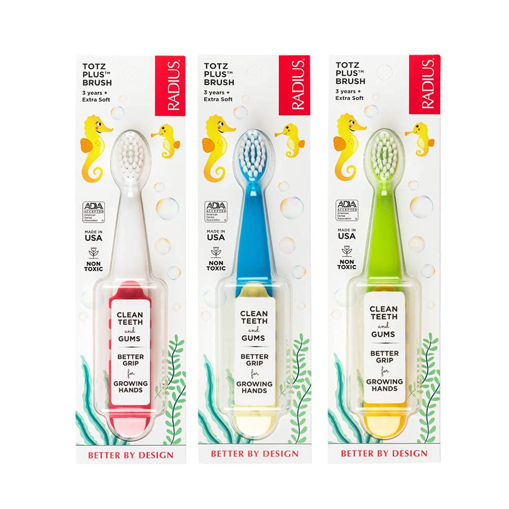 RADIUS Totz Plus Brush Kids Toothbrush Silky Soft BPA Free ADA Accepted Designed for Delicate Teeth & Gums for Children 3 Years & Up - Assorted - Pack of 3