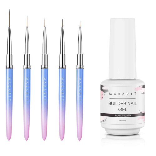 Makartt Nail Art Brushes,Liner for Nails, 5pcs, 7/9/11/15/25mm Bundle with Makartt Builder Nail Gel 15ml 5 in 1 Multifunctional Clear Gel Nail Polish
