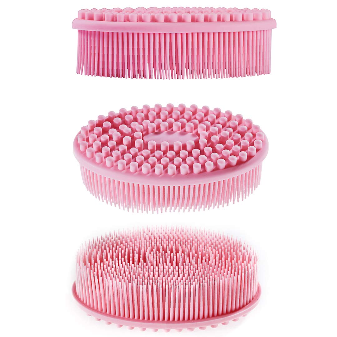 Exfoliating Silicone Body Scrubber 2 in 1 Silicone Shower Brush Natural Bristle Massager Bath Sponge Gentle Scrub Skin Exfoliation For Face and Body Massage Nubs Improve Blood Circulation Set of 2