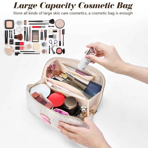 DTBG Personalized Initial Makeup Bag,Christmas Gifts for Girl,Preppy Bag Cosmetic Travel Bag Women,Travel Toiletry Organizer,Large Capacity Corduroy Stuff Bag,Cute Cosmetic Pouch Skincare Bag-C
