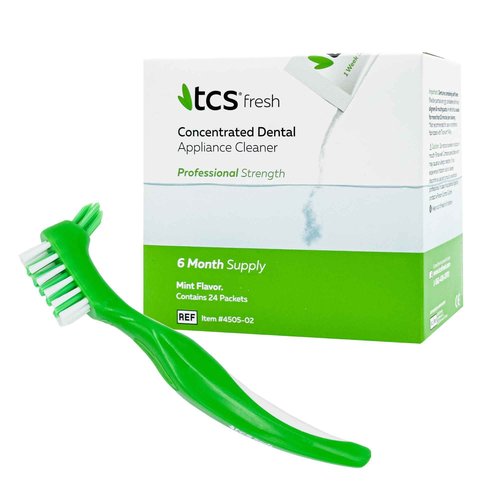TCS Fresh Concentrated Dental Appliance Cleaner Set, Professional Denture and Retainer Cleaner Powder with Soft Bristle Brush (24 Packets, 6 Month Supply, Mint Flavor)
