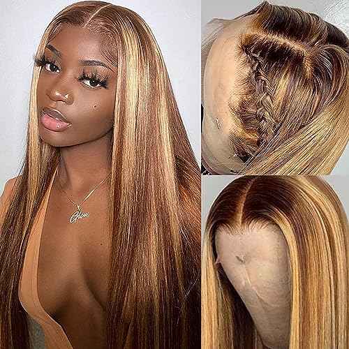 Ombre Lace Front Wigs Human Hair 13x4 HD Straight Lace Front Wigs 4/27 Honey Blonde Lace Front Wig Human Hair 180% Density Glueless Wigs Human Hair Pre Plucked (24 Inch)