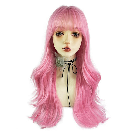 WKLOUYHE Pink Long Wavy Wigs with Bangs for Women Loose Wavy Wig Curly Wavy Synthetic Cosplay Wig for Girl Colorful Costume Wigs