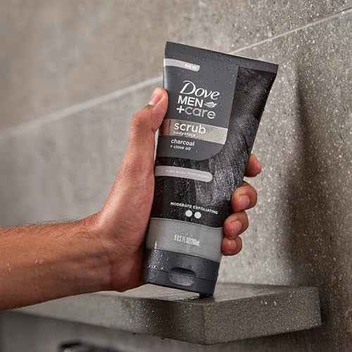 DOVE MEN + CARE Body and Face Scrub Charcoal & Clove Oil Deeply Exfoliates for Hydrated & Nourished Skin 100% Gentle Cleanser, No Sulfate Cleansers or Parabens 9 oz