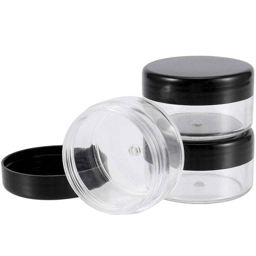 KOHAND 150 Pieces 10 Gram Plastic Cosmetic Sample Containers Jars with Black Lids, BPA Free, Small Lip Balm Containers, Clear Empty Lip Scrub Container for Creams and Lotions