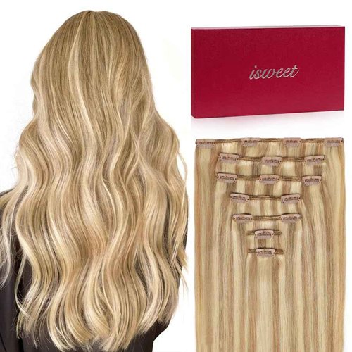 7Pcs Clip in Hair Extensions Real Human Hair, 12 Inch 80g P16/22 Light Blonde Highlighted Golden Blonde Soft Real Human Hair Extensions Clip ins, Double Weft Hair Extensions Real Human Hair for Women