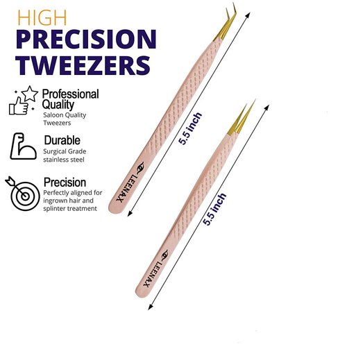 Eyelash Extension Tweezers Micro Fiber Tip (Anti – Slip) Set of 2 pieces straight & curved with Diamond Grip, Rainbow Colour,14cm, volume Tweezers, Lash Extension Precision tweezers. (Peach)