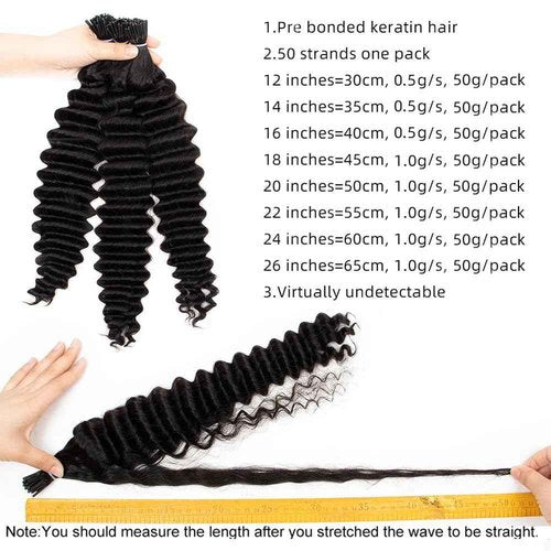 I Tip Hair Extensions Deep Wave Human Hair Extensions 20Inch Long Curly Kenratin Hair Natural Black Microlink Beads I Tip Hair Extension for Black Women Curly Real Remy Hair Extension 50g 50Strands