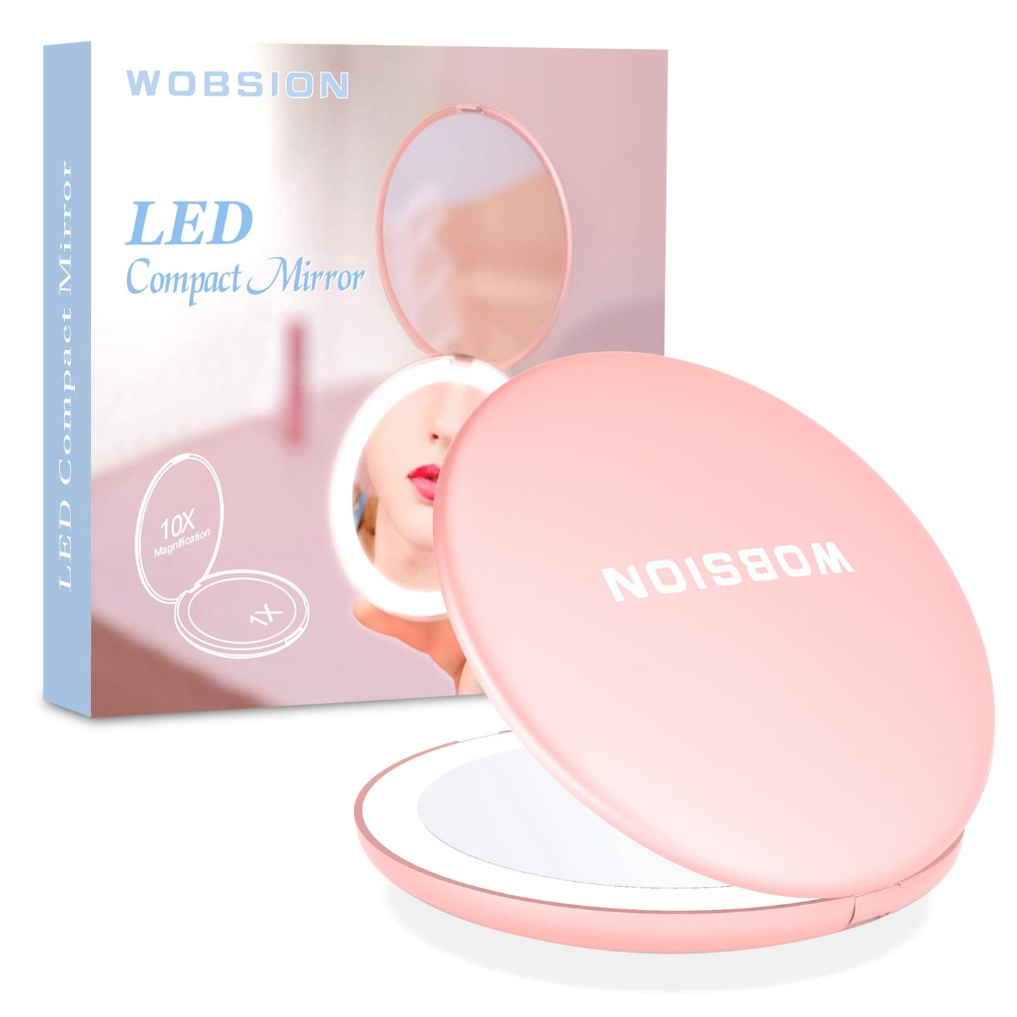 wobsion Compact Mirror with Light, 1x/10x Magnification Travel Makeup Mirror, Handheld 2-Sided Mirror, Compact Mirror for Purses, 3.5 inch Small Pocket Mirror for Handbag,Purse,Pocket,Round,Pink