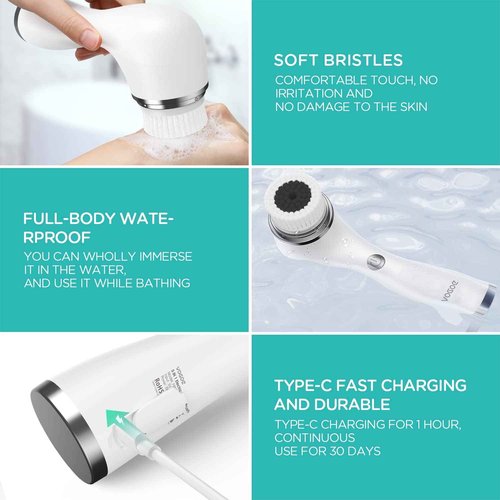 VOGOE Facial Cleansing Brush Rechargeable, Spin Face Wash Brush IPX7 Waterproof Electric Face Scrubber Exfoliator, 3 Speeds & 5 Brushes for Cleansing and Exfoliating, White
