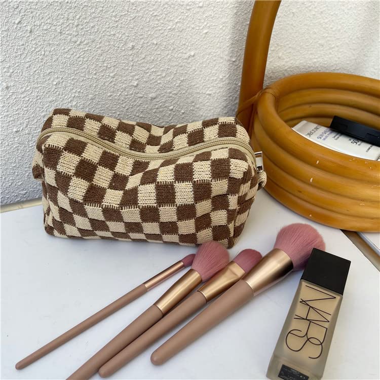 4 Pcs Checkered Makeup Bag,Travel Makeup Bag Toiletry Bag Cute Makeup Brushes Bag Cosmetic Bags for Women Zipper Makeup Bags for Purse Large Travel Cosmetic Organizer with Hair Claw Clips (A Brown)