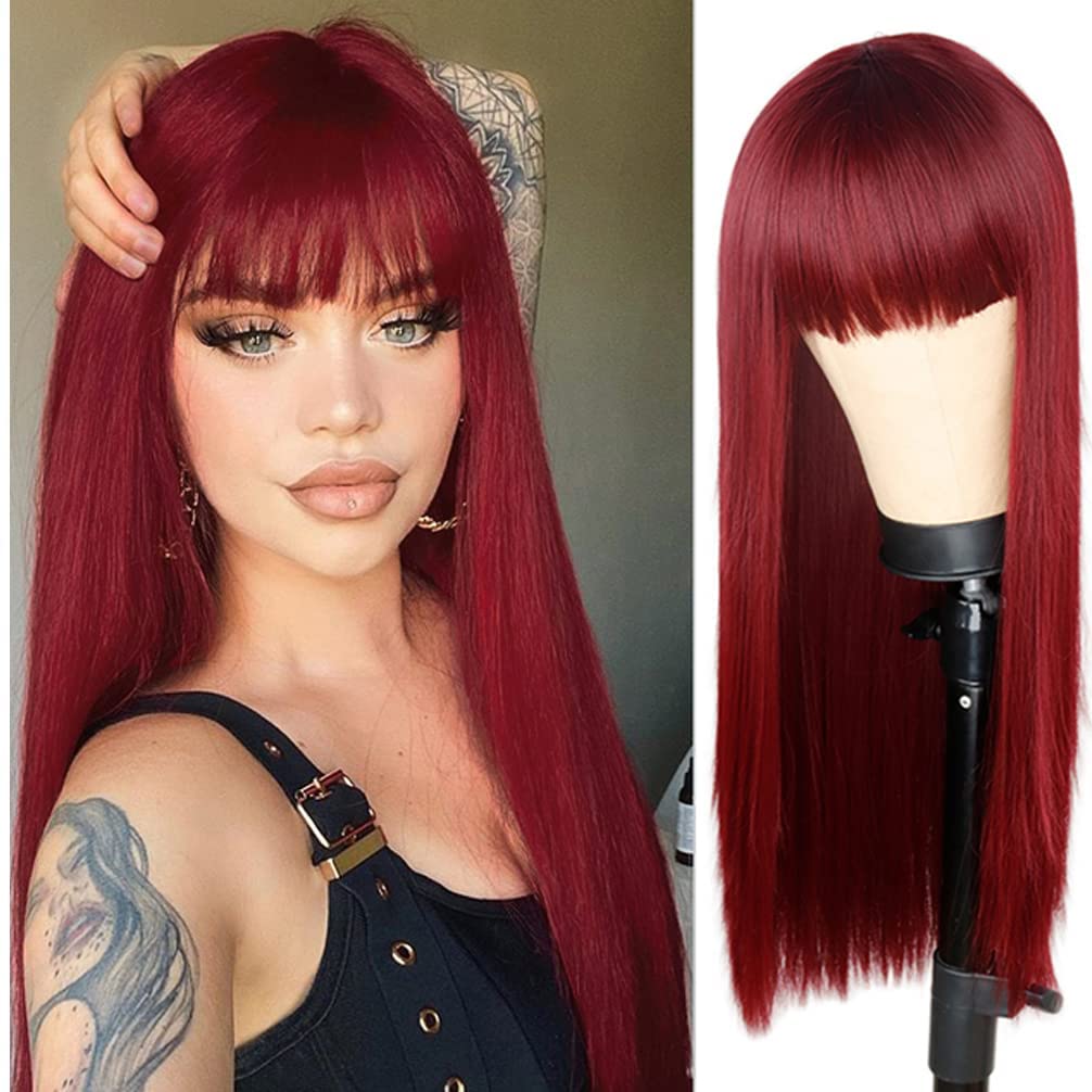 RightOn Red Wig Long Straight Wig with Bangs Long Wig Wine Red Straight Wigs Full Machine Wig for Daily Cosplay Party