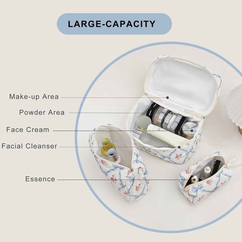 kingkiss Makeup Bag, Quilted Cosmetic Bag, Large Capacity Make Up Bag for Women, Cute Floral Storage Toiletry Bag Travel Storage Makeup Bag(Blue)