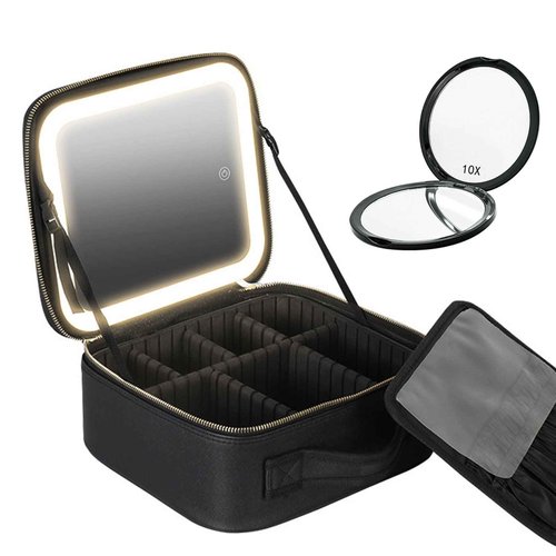 mumisuto Makeup Bag with Light Up Mirror Travel Makeup Case with Adjustable Dividers Cosmetic Bags Brush Organizer with 3 Adjustable Brightness Portable Artist Organizer Bag with Makeup Brush Storage