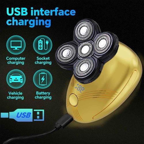 5-in-1 Electric Cordless Razor for Men Head Shaver for Bald Men Grooming Kit with Nose Trimmer-Hair Clippers-Facial Brush, LED Display Rotary Shavers,USB Charging Rechargeable (Gold)