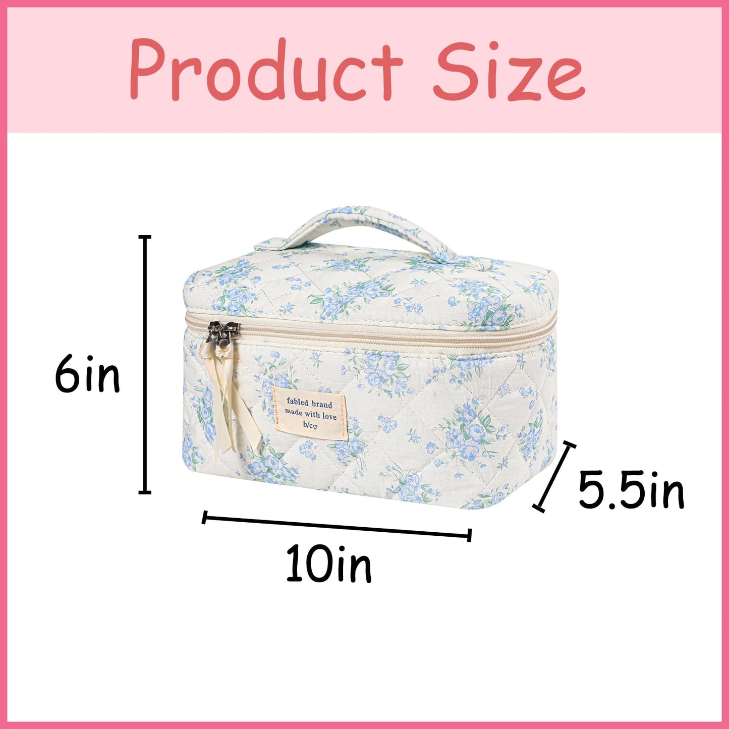 uekeboag Large Travel Quilted Makeup Bag for Women, Floral Cotton Cosmetic Bag, Coquette Aesthetic Floral Toiletry Organizer Bag (06BlueRose)