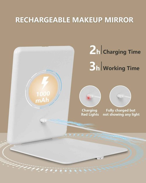 Dec.Metu Travel Mirror with Lights Makeup Mirror Touch Screen 3 Colors Light 72 LEDs Rechargeable, 1000mHA 7.9x5.3-Inch Desk Compact Mirror White
